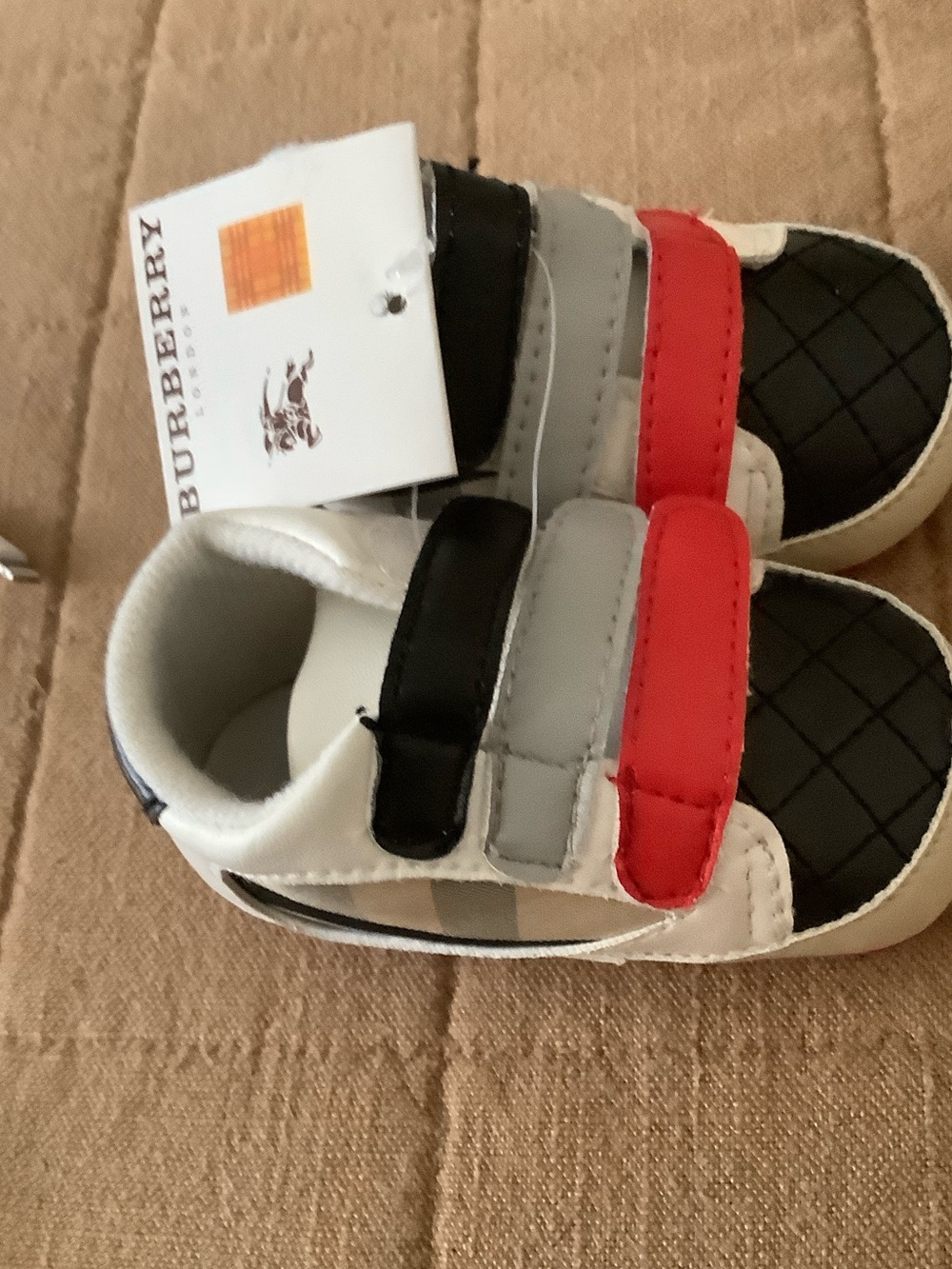 Burberry Kids White Sneakers with Red and Black Straps